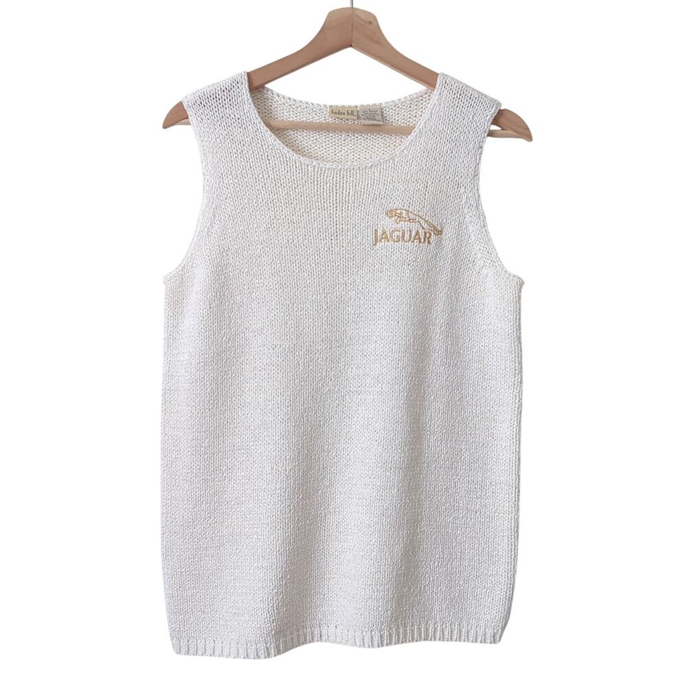 Vintage 90s Jaguar Cars Top Womens Large White Gold‎ Knit Sleeveless Automobile